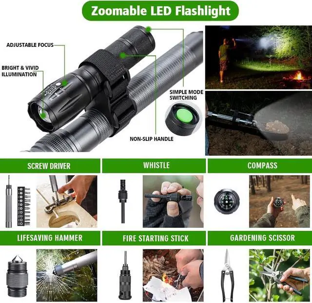 Alt view image 5 of 6 - Multifunctional Folding Tactical Shovel Axe Combo with Extension Handles Flashlight for Camping Hiking Cycling 19.3-40.9 Inches