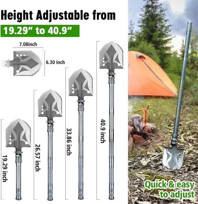 Alt view image 3 of 6 - Multifunctional Folding Tactical Shovel Axe Combo with Extension Handles Flashlight for Camping Hiking Cycling 19.3-40.9 Inches