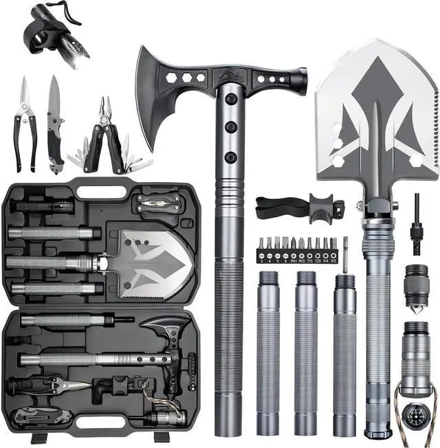 Main image of Multifunctional Folding Tactical Shovel Axe Combo with Extension Handles Flashlight for Camping Hiking Cycling 19.3-40.9 Inches