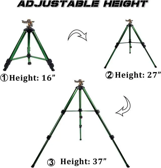 Alt view image 2 of 7 - 2 Pack 360 Degree Rotating Impact Sprinkler, Alloy Metal Tripod Lawn Sprinkler, Adjustable Height Irrigation Sprinkler Head, 20-35FT Spray Range for Yard Garden Farm Irrigation