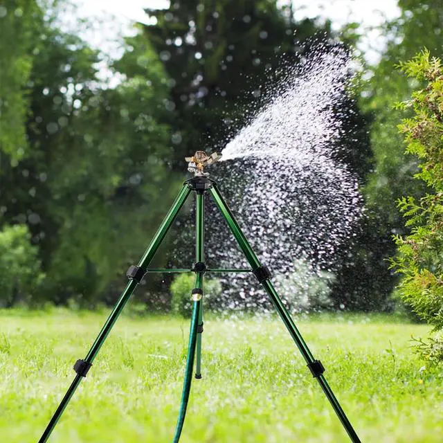 Alt view image 6 of 7 - 2 Pack 360 Degree Rotating Impact Sprinkler, Alloy Metal Tripod Lawn Sprinkler, Adjustable Height Irrigation Sprinkler Head, 20-35FT Spray Range for Yard Garden Farm Irrigation
