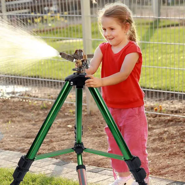 Alt view image 7 of 7 - 2 Pack 360 Degree Rotating Impact Sprinkler, Alloy Metal Tripod Lawn Sprinkler, Adjustable Height Irrigation Sprinkler Head, 20-35FT Spray Range for Yard Garden Farm Irrigation