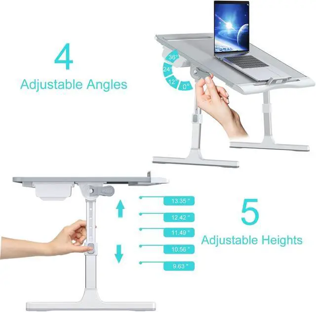 Alt view image 3 of 7 - Foldable Adjustable Laptop Bed Tray Desk with 2 Drawers, Sturdy Lap Table with Height & Angle Adjustment for Bed Sofa Couch Floor (Grey)