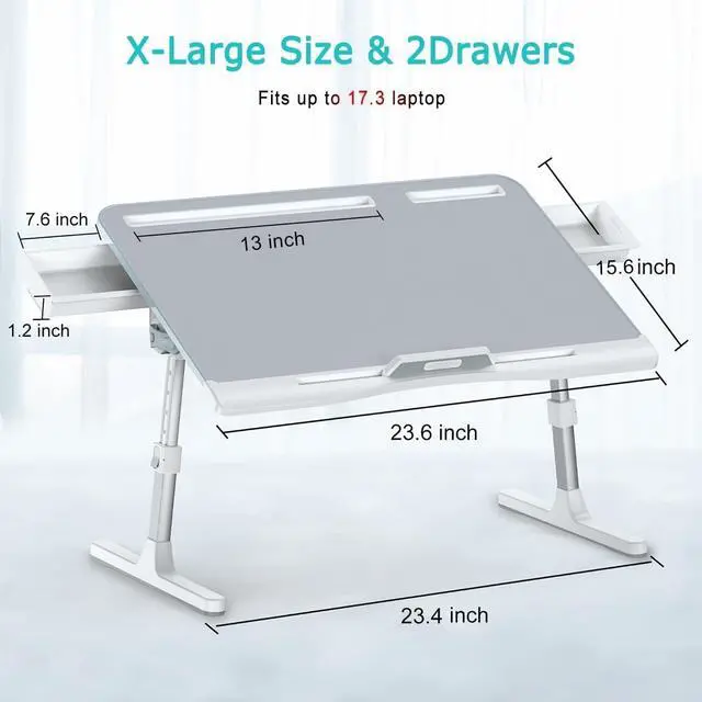 Alt view image 6 of 7 - Foldable Adjustable Laptop Bed Tray Desk with 2 Drawers, Sturdy Lap Table with Height & Angle Adjustment for Bed Sofa Couch Floor (Grey)