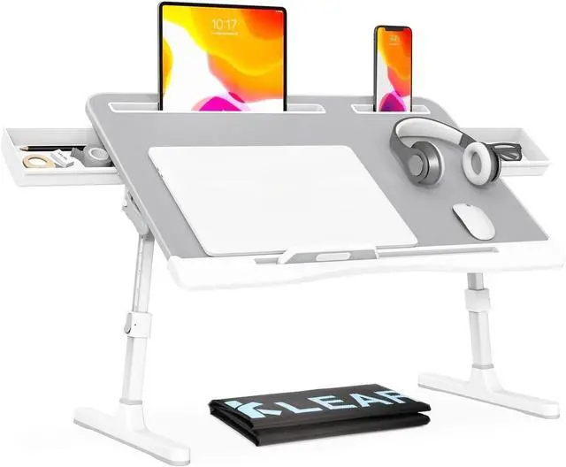 Alt view image 7 of 7 - Foldable Adjustable Laptop Bed Tray Desk with 2 Drawers, Sturdy Lap Table with Height & Angle Adjustment for Bed Sofa Couch Floor (Grey)