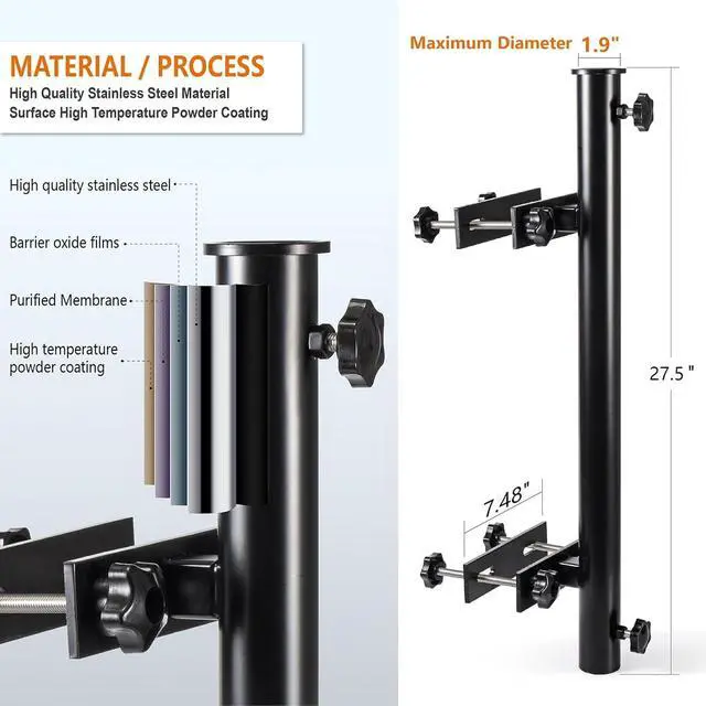 Alt view image 3 of 6 - Heavy Duty 304 Stainless Steel Patio Umbrella Bracket, Outdoor Deck Railing Umbrella Holder, Fit Max 1.9 Inch OD Umbrella Post, Black