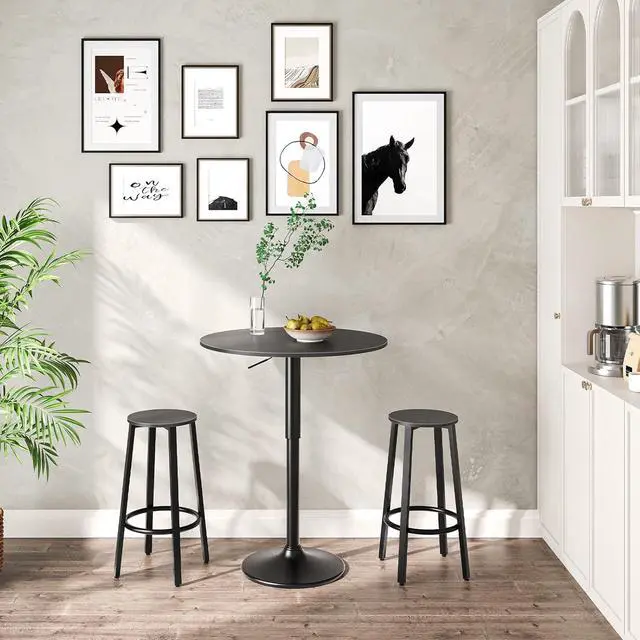 Alt view image 2 of 7 - Height Adjustable Round Bar Table, 27 to 35.4 Inch Modern Pub Cocktail Table with Solid Wide Base, Smooth Surface Anti-collision Edge Leisure Dining Table Easy Assembly for Small Indoor Space, Black
