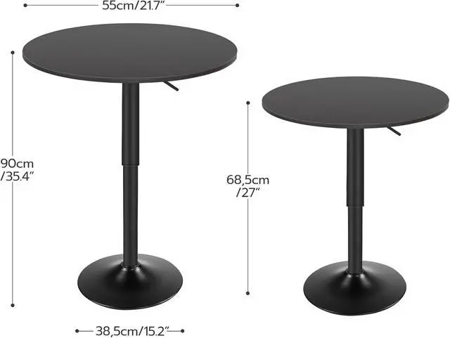 Alt view image 3 of 7 - Height Adjustable Round Bar Table, 27 to 35.4 Inch Modern Pub Cocktail Table with Solid Wide Base, Smooth Surface Anti-collision Edge Leisure Dining Table Easy Assembly for Small Indoor Space, Black