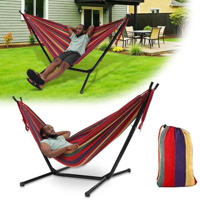 Main image of 3-in-1 Portable Hammock with Stand, 600lb Weight Capacity Adjustable Height Free Standing Hammock with Carry Bag for Outdoor Indoor Camping Backyard Bedroom Use