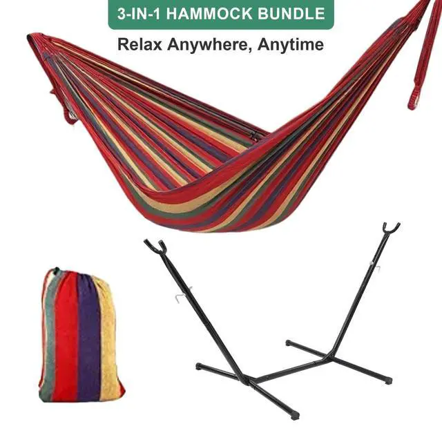 Alt view image 2 of 7 - 3-in-1 Portable Hammock with Stand, 600lb Weight Capacity Adjustable Height Free Standing Hammock with Carry Bag for Outdoor Indoor Camping Backyard Bedroom Use