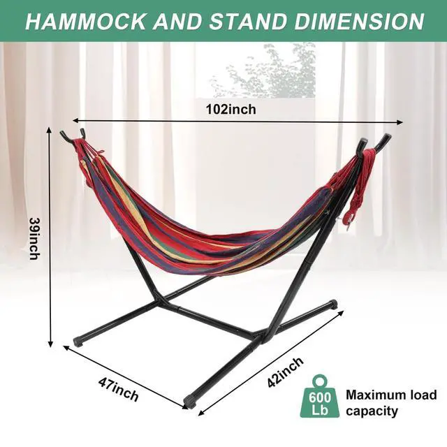 Alt view image 4 of 7 - 3-in-1 Portable Hammock with Stand, 600lb Weight Capacity Adjustable Height Free Standing Hammock with Carry Bag for Outdoor Indoor Camping Backyard Bedroom Use