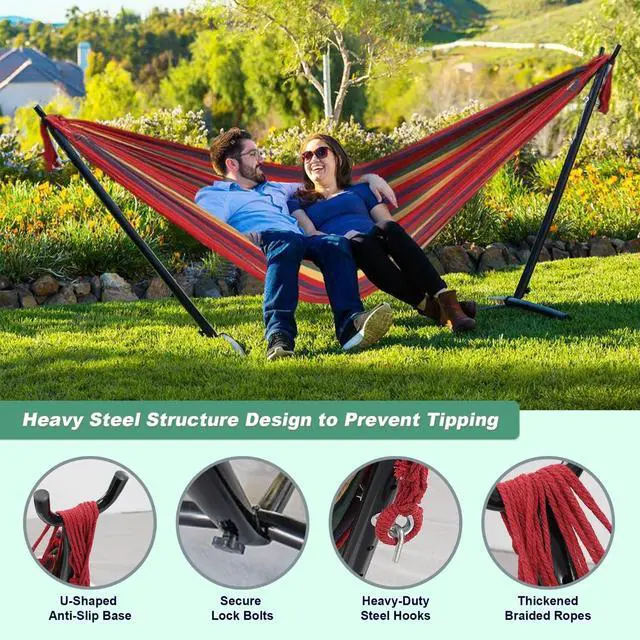 Alt view image 3 of 7 - 3-in-1 Portable Hammock with Stand, 600lb Weight Capacity Adjustable Height Free Standing Hammock with Carry Bag for Outdoor Indoor Camping Backyard Bedroom Use