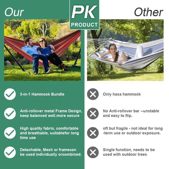 Alt view image 5 of 7 - 3-in-1 Portable Hammock with Stand, 600lb Weight Capacity Adjustable Height Free Standing Hammock with Carry Bag for Outdoor Indoor Camping Backyard Bedroom Use