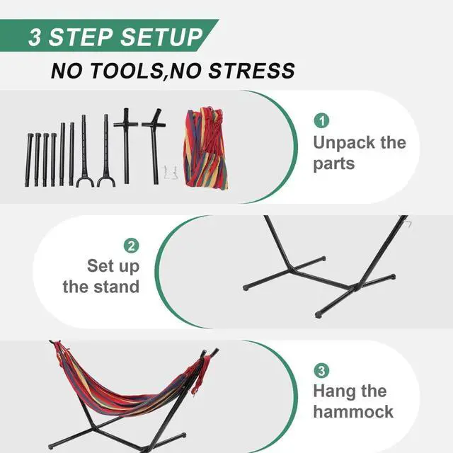 Alt view image 6 of 7 - 3-in-1 Portable Hammock with Stand, 600lb Weight Capacity Adjustable Height Free Standing Hammock with Carry Bag for Outdoor Indoor Camping Backyard Bedroom Use