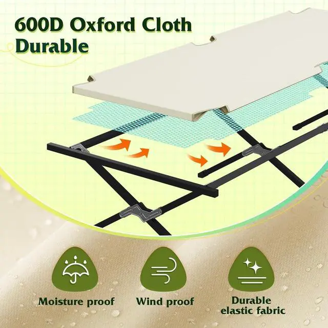 Alt view image 2 of 7 - Military Camping Cot Portable Folding Sleeping Bed with Carry Bag and Side Pocket for Adults, Heavy Duty Support 300 Lbs, Silver Greige