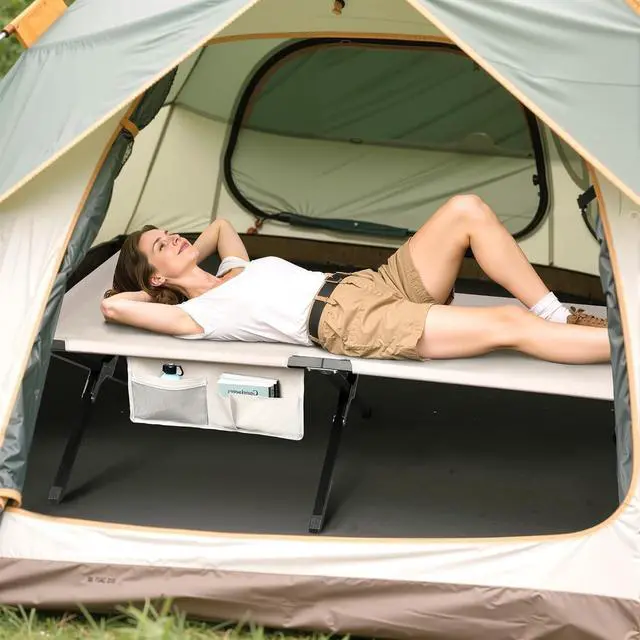 Alt view image 7 of 7 - Military Camping Cot Portable Folding Sleeping Bed with Carry Bag and Side Pocket for Adults, Heavy Duty Support 300 Lbs, Silver Greige