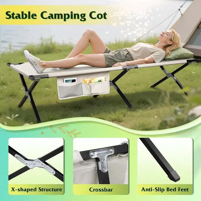 Alt view image 4 of 7 - Military Camping Cot Portable Folding Sleeping Bed with Carry Bag and Side Pocket for Adults, Heavy Duty Support 300 Lbs, Silver Greige