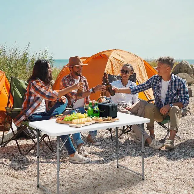 Alt view image 2 of 7 - 4 Foot Portable Heavy Duty Plastic Folding Table, Fold-in-Half with Carrying Handle, Adjustable Height, Indoor Outdoor Utility Table for Camping and Party, White