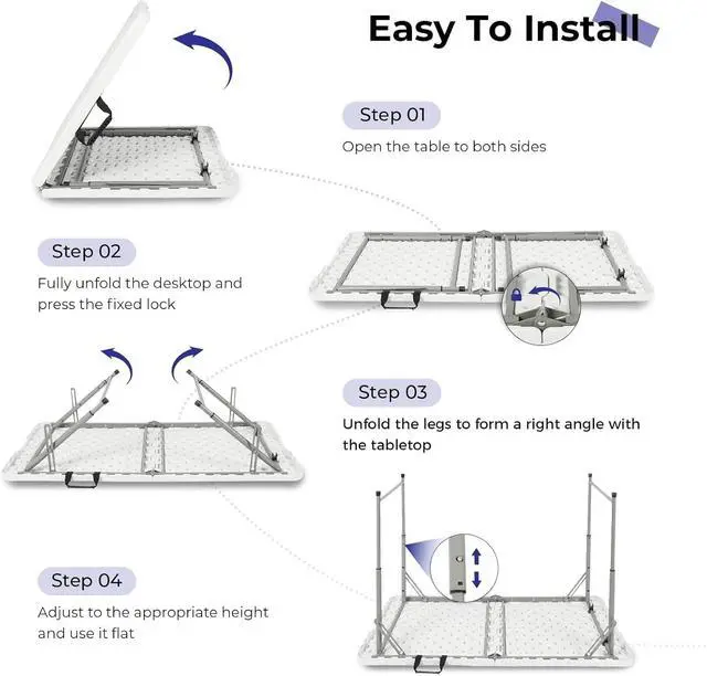 Alt view image 5 of 7 - 4 Foot Portable Heavy Duty Plastic Folding Table, Fold-in-Half with Carrying Handle, Adjustable Height, Indoor Outdoor Utility Table for Camping and Party, White