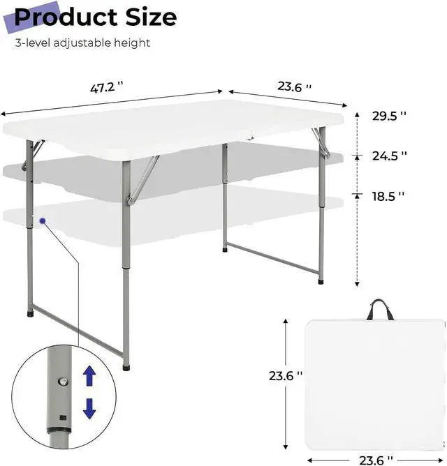 Alt view image 3 of 7 - 4 Foot Portable Heavy Duty Plastic Folding Table, Fold-in-Half with Carrying Handle, Adjustable Height, Indoor Outdoor Utility Table for Camping and Party, White