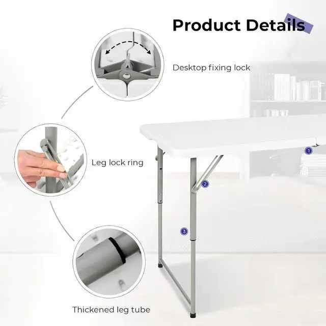 Alt view image 4 of 7 - 4 Foot Portable Heavy Duty Plastic Folding Table, Fold-in-Half with Carrying Handle, Adjustable Height, Indoor Outdoor Utility Table for Camping and Party, White