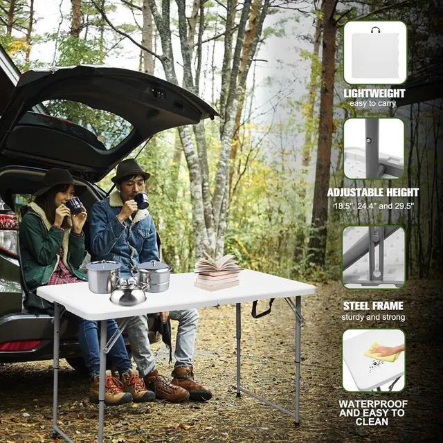 Alt view image 6 of 7 - 4 Foot Portable Heavy Duty Plastic Folding Table, Fold-in-Half with Carrying Handle, Adjustable Height, Indoor Outdoor Utility Table for Camping and Party, White