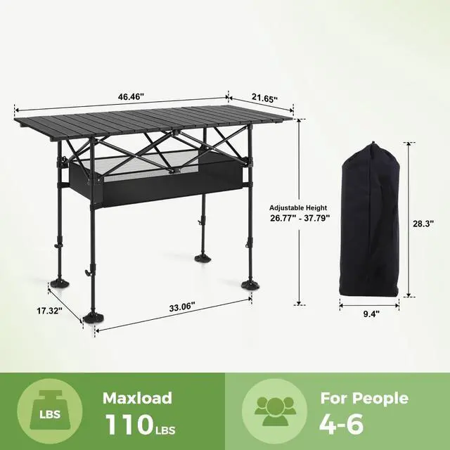 Alt view image 3 of 7 - Folding Aluminum Roll-Up Camping Table with Adjustable Height, Portable Picnic Table with Large Storage and Carrying Bag for Camping BBQ Beach Backyard Use