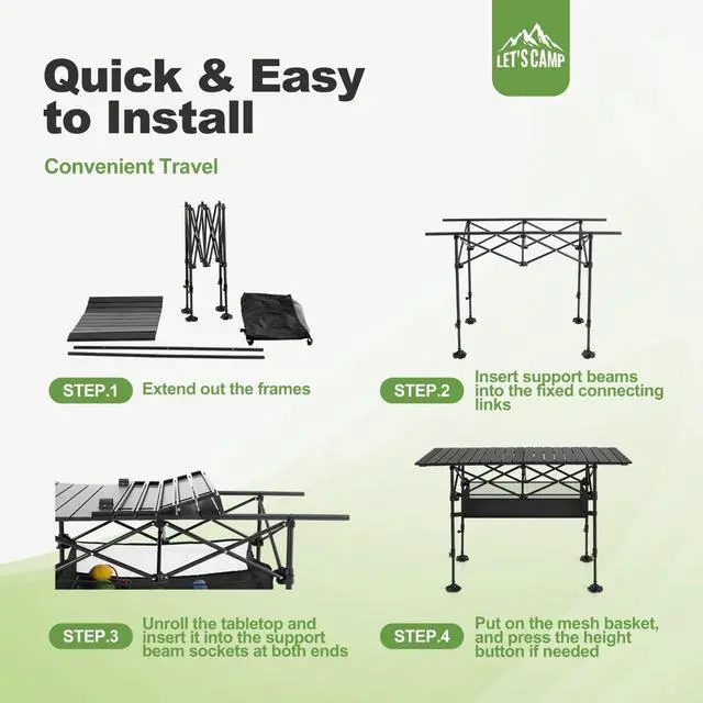Alt view image 7 of 7 - Folding Aluminum Roll-Up Camping Table with Adjustable Height, Portable Picnic Table with Large Storage and Carrying Bag for Camping BBQ Beach Backyard Use