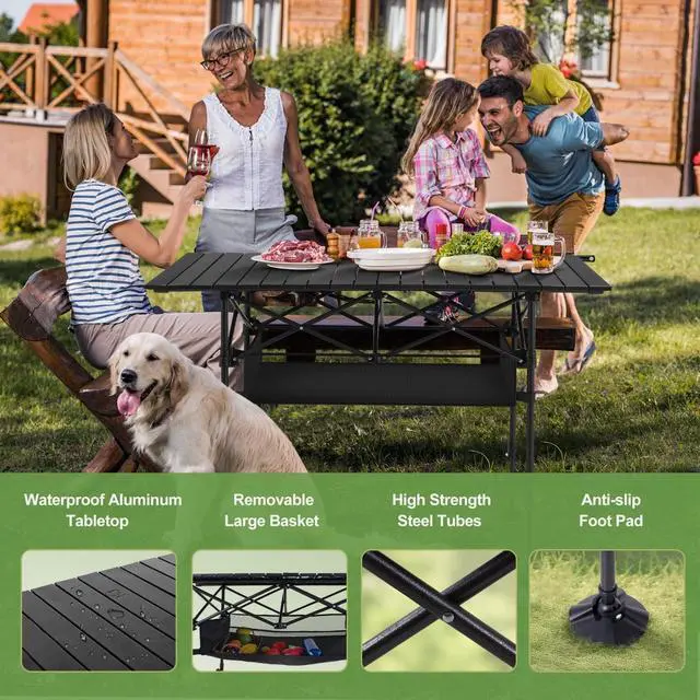Alt view image 6 of 7 - Folding Aluminum Roll-Up Camping Table with Adjustable Height, Portable Picnic Table with Large Storage and Carrying Bag for Camping BBQ Beach Backyard Use