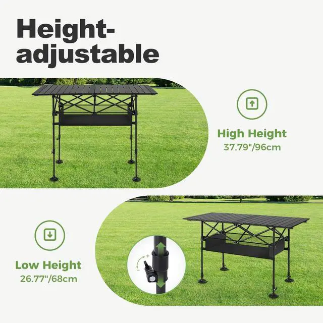 Alt view image 5 of 7 - Folding Aluminum Roll-Up Camping Table with Adjustable Height, Portable Picnic Table with Large Storage and Carrying Bag for Camping BBQ Beach Backyard Use
