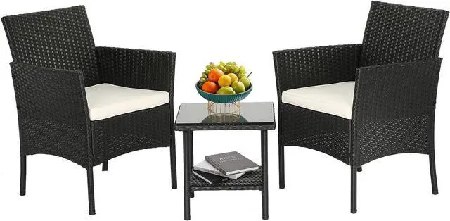 Main image of 3 Piece All Weather Wicker Patio Furniture Set, PE Rattan Conversation Chairs with Glass Top Coffee Table, Sturdy Steel Frame Outdoor Seating Set for Yard Porch Poolside Balcony, Black