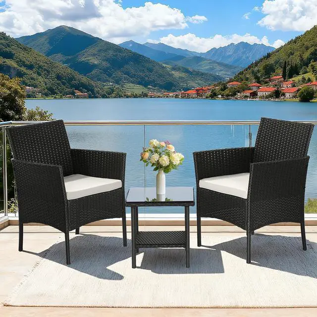 Alt view image 2 of 7 - 3 Piece All Weather Wicker Patio Furniture Set, PE Rattan Conversation Chairs with Glass Top Coffee Table, Sturdy Steel Frame Outdoor Seating Set for Yard Porch Poolside Balcony, Black