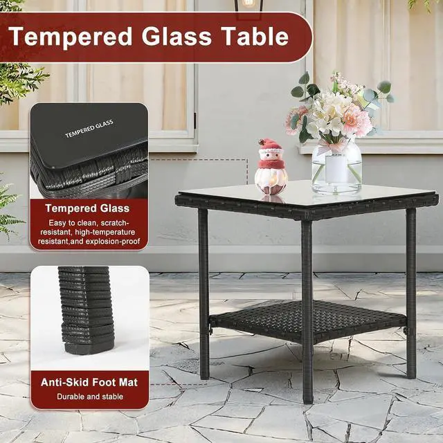 Alt view image 3 of 7 - 3 Piece All Weather Wicker Patio Furniture Set, PE Rattan Conversation Chairs with Glass Top Coffee Table, Sturdy Steel Frame Outdoor Seating Set for Yard Porch Poolside Balcony, Black