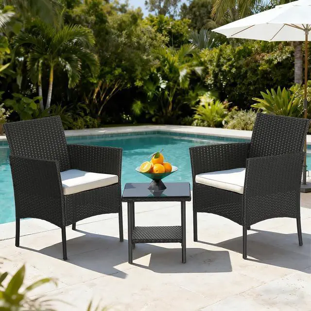 Alt view image 6 of 7 - 3 Piece All Weather Wicker Patio Furniture Set, PE Rattan Conversation Chairs with Glass Top Coffee Table, Sturdy Steel Frame Outdoor Seating Set for Yard Porch Poolside Balcony, Black