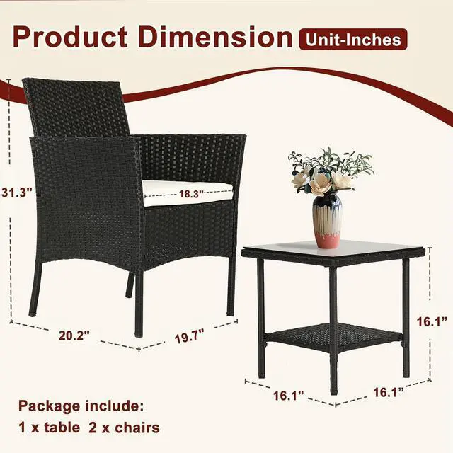 Alt view image 7 of 7 - 3 Piece All Weather Wicker Patio Furniture Set, PE Rattan Conversation Chairs with Glass Top Coffee Table, Sturdy Steel Frame Outdoor Seating Set for Yard Porch Poolside Balcony, Black