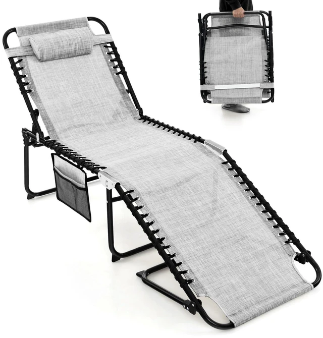 Main image of Folding Patio Chaise Lounge Chair, 4-Position Adjustable Backrest & 2-Position Footrest, Side Pocket & Soft Pillow, 265lbs Capacity Tanning Chair for Beach, Poolside, Grey