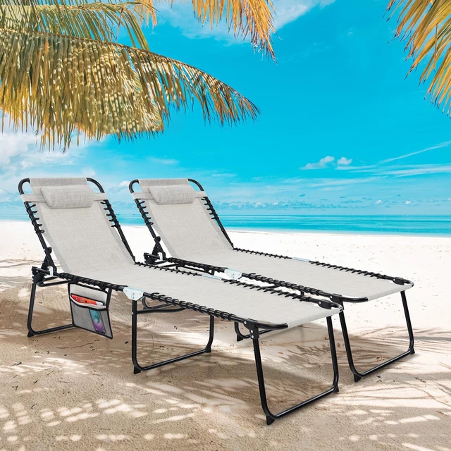 Alt view image 2 of 7 - Folding Patio Chaise Lounge Chair, 4-Position Adjustable Backrest & 2-Position Footrest, Side Pocket & Soft Pillow, 265lbs Capacity Tanning Chair for Beach, Poolside, Grey