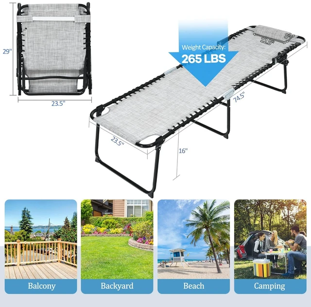 Alt view image 3 of 7 - Folding Patio Chaise Lounge Chair, 4-Position Adjustable Backrest & 2-Position Footrest, Side Pocket & Soft Pillow, 265lbs Capacity Tanning Chair for Beach, Poolside, Grey