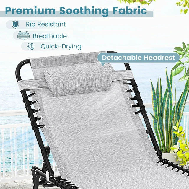 Alt view image 5 of 7 - Folding Patio Chaise Lounge Chair, 4-Position Adjustable Backrest & 2-Position Footrest, Side Pocket & Soft Pillow, 265lbs Capacity Tanning Chair for Beach, Poolside, Grey