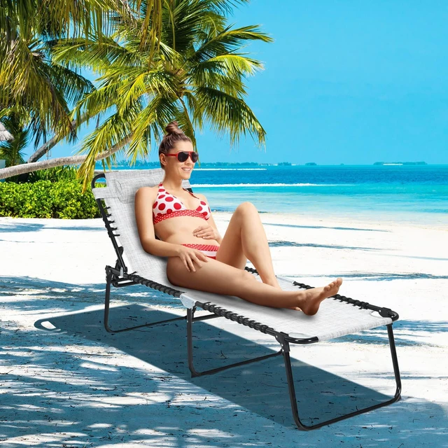 Alt view image 7 of 7 - Folding Patio Chaise Lounge Chair, 4-Position Adjustable Backrest & 2-Position Footrest, Side Pocket & Soft Pillow, 265lbs Capacity Tanning Chair for Beach, Poolside, Grey
