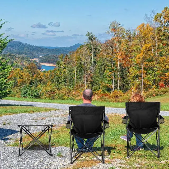 Alt view image 2 of 7 - 2 Pack Oversized Folding Camping Chairs with Side Table, Heavy Duty Outdoor Lawn Chairs with Cup Holders, Portable Padded Seats for Fishing Beach Patio Hiking Travel, Black