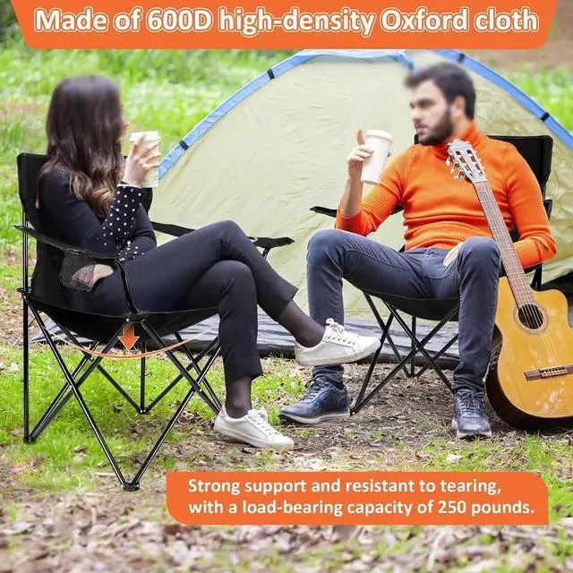 Alt view image 5 of 7 - 2 Pack Oversized Folding Camping Chairs with Side Table, Heavy Duty Outdoor Lawn Chairs with Cup Holders, Portable Padded Seats for Fishing Beach Patio Hiking Travel, Black