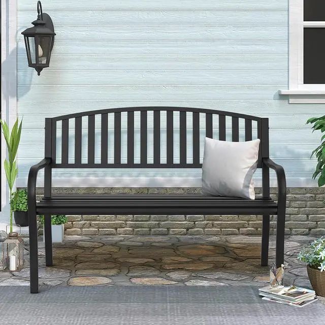 Alt view image 2 of 7 - Heavy Duty Wrought Iron Outdoor Bench, Weather Resistant Anti-Rust Metal Patio Bench, Decorative Backrest Garden Bench with Spacious Seat for Porch Backyard Park Yard