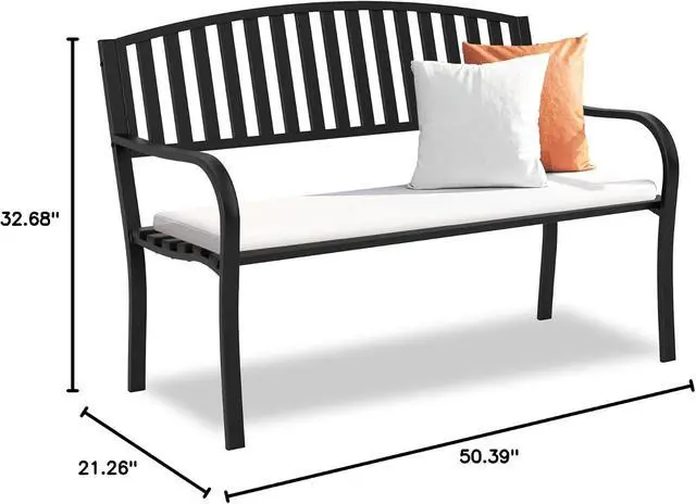 Alt view image 3 of 7 - Heavy Duty Wrought Iron Outdoor Bench, Weather Resistant Anti-Rust Metal Patio Bench, Decorative Backrest Garden Bench with Spacious Seat for Porch Backyard Park Yard