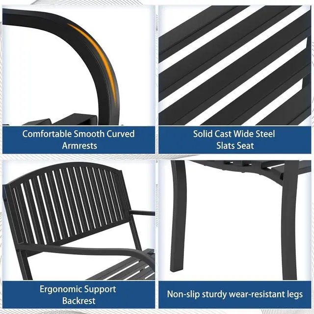 Alt view image 5 of 7 - Heavy Duty Wrought Iron Outdoor Bench, Weather Resistant Anti-Rust Metal Patio Bench, Decorative Backrest Garden Bench with Spacious Seat for Porch Backyard Park Yard