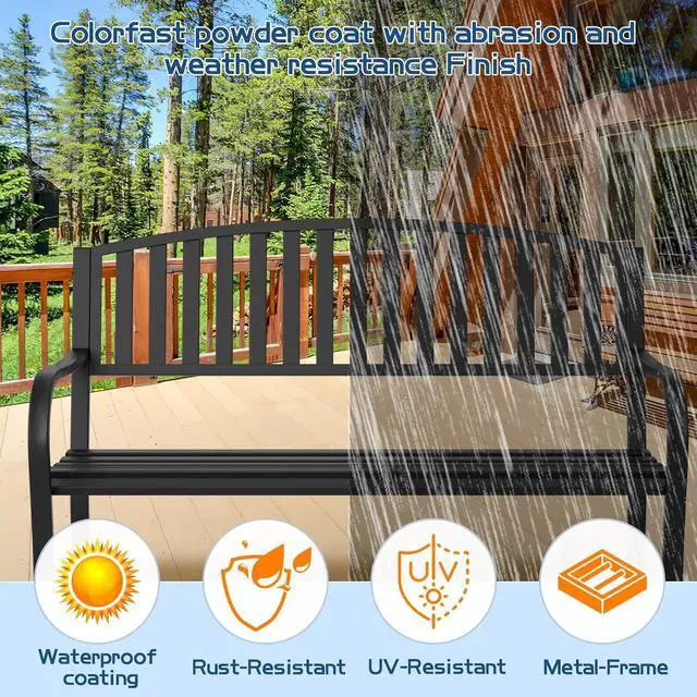 Alt view image 4 of 7 - Heavy Duty Wrought Iron Outdoor Bench, Weather Resistant Anti-Rust Metal Patio Bench, Decorative Backrest Garden Bench with Spacious Seat for Porch Backyard Park Yard