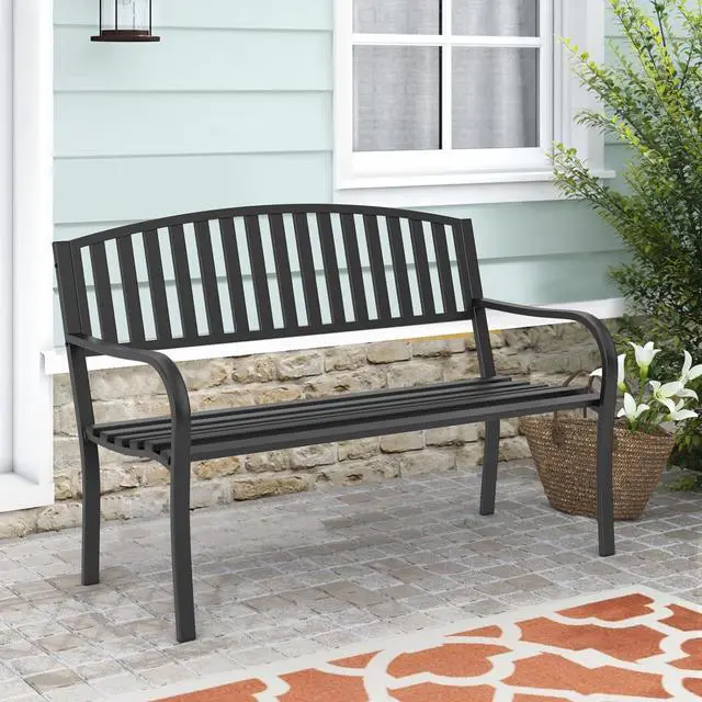 Alt view image 7 of 7 - Heavy Duty Wrought Iron Outdoor Bench, Weather Resistant Anti-Rust Metal Patio Bench, Decorative Backrest Garden Bench with Spacious Seat for Porch Backyard Park Yard