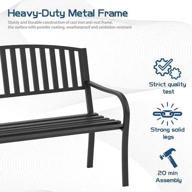 Alt view image 6 of 7 - Heavy Duty Wrought Iron Outdoor Bench, Weather Resistant Anti-Rust Metal Patio Bench, Decorative Backrest Garden Bench with Spacious Seat for Porch Backyard Park Yard