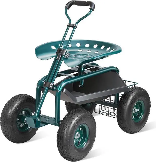 Main image of Steel Rolling Garden Workseat Cart, 360° Swivel Gardening Stool with Adjustable Handle, 10in Inflatable Tires & Tool Tray, Portable Mobile Work Chair for Yard Patio Lawn Outdoor Gardening