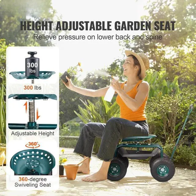 Alt view image 2 of 7 - Steel Rolling Garden Workseat Cart, 360° Swivel Gardening Stool with Adjustable Handle, 10in Inflatable Tires & Tool Tray, Portable Mobile Work Chair for Yard Patio Lawn Outdoor Gardening